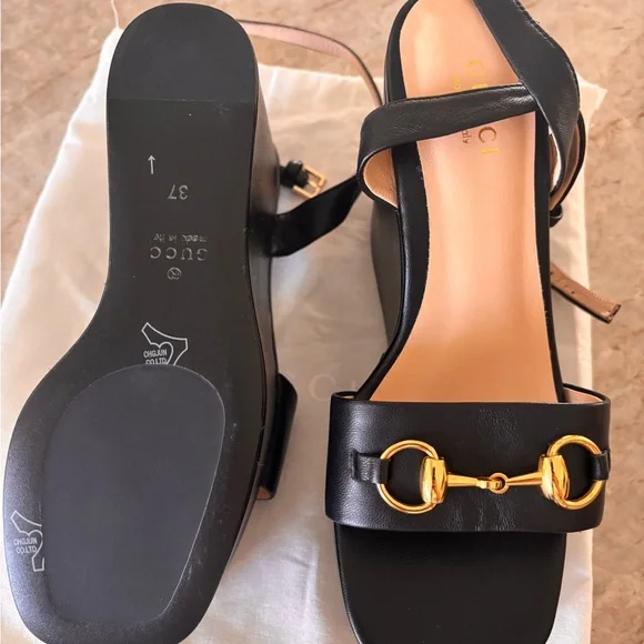 Gucci Black Leather Platform Wedge Sandals with Gold Horsebit size 37 - Picture 7 of 7